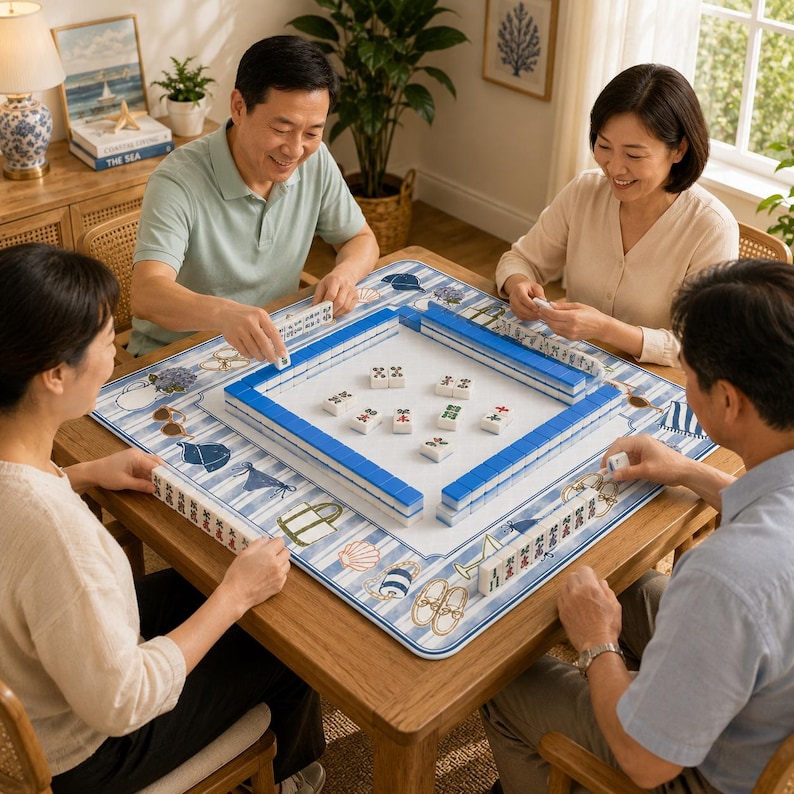 Puede incluir: Cuatro personas juegan al Mahjong alrededor de una mesa de madera. El juego incluye fichas azules y blancas y una superficie de juego con borde azul con ilustraciones de tem&aacute;tica n&aacute;utica. Los jugadores sonr&iacute;en y est&aacute;n concentrados.