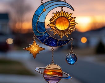 Celestial Planet Sun Moon Acrylic Suncatcher - Faux Stained Glass Window Hanging - Cosmic Solar System Decor Gift For Stargazers