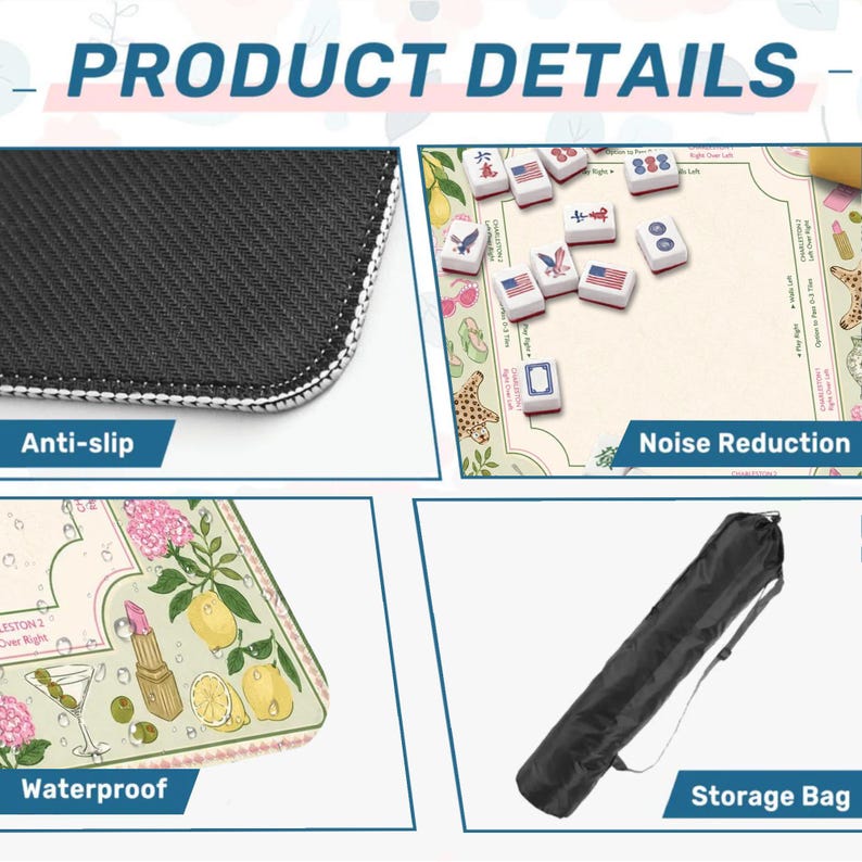 Pu&ograve; includere: Immagine dei dettagli del prodotto che mostra un tappetino antiscivolo, un tabellone di gioco del mahjong con tessere, un tappetino impermeabile con un design floreale e una borsa portaoggetti. Evidenzia caratteristiche come la riduzione del rumore e l'impermeabilit&agrave;.