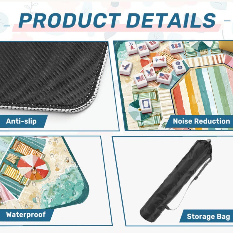 May include: Image showing product details for a game mat. Features include anti-slip, noise reduction, and waterproof properties. The mat has a colorful beach scene design and comes with a storage bag.