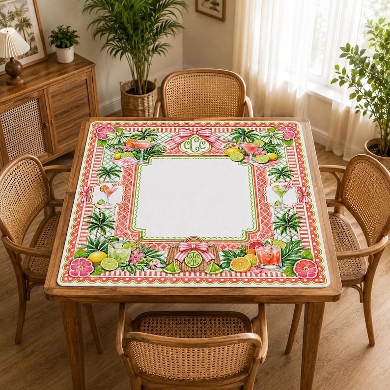 Op de afbeelding: Een vierkante placemat met een tropisch ontwerp met cocktails, fruit en bloemelementen. De mat heeft een wit midden met een decoratieve rand in roze en groen. De tafel is omringd door rotan stoelen.