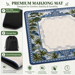 May include: Premium Mahjong mat with a non-slip rubber bottom, storage bag, and sound dampening. The mat features a scenic design with palm trees and water, and the text "PREMIUM MAHJONG MAT".