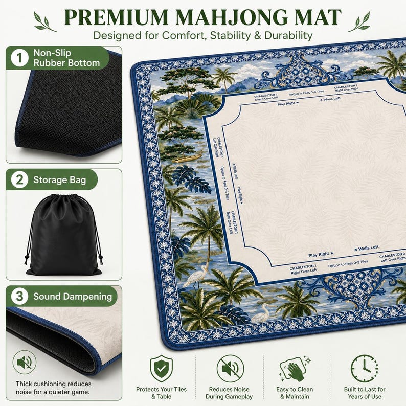 May include: Premium Mahjong mat with a non-slip rubber bottom, storage bag, and sound dampening. The mat features a scenic design with palm trees and water, and the text "PREMIUM MAHJONG MAT".