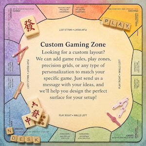 May include: Custom gaming zone board with Mahjong tiles, dice, and game pieces. The board has text that says "Custom Gaming Zone" and "Looking for a custom layout?" The board is a mix of blue, yellow, and tan.