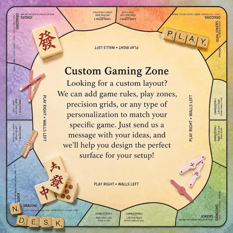 May include: Custom gaming zone board with Mahjong tiles, dice, and game pieces. The board has text that says "Custom Gaming Zone" and "Looking for a custom layout?" The board is a mix of blue, yellow, and tan.