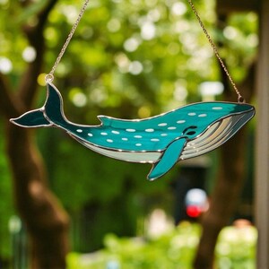 Whale Stained Glass Suncatcher For Window - Ocean Animal Decor - Blue Whale Hanging Ornament - Sea Lover Gift - Marine Coastal Wall Art