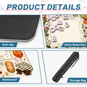 Puede incluir: Un gr&aacute;fico de detalles de producto para tapete de Mahjong con base de goma negra antideslizante, superficie beige con fichas de juego y texto de reducci&oacute;n de ruido, superficie impermeable con ilustraciones de c&oacute;ctel y una bolsa de transporte negra.