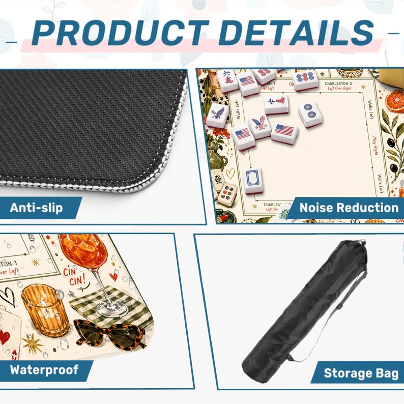 Puede incluir: Un gr&aacute;fico de detalles de producto para tapete de Mahjong con base de goma negra antideslizante, superficie beige con fichas de juego y texto de reducci&oacute;n de ruido, superficie impermeable con ilustraciones de c&oacute;ctel y una bolsa de transporte negra.