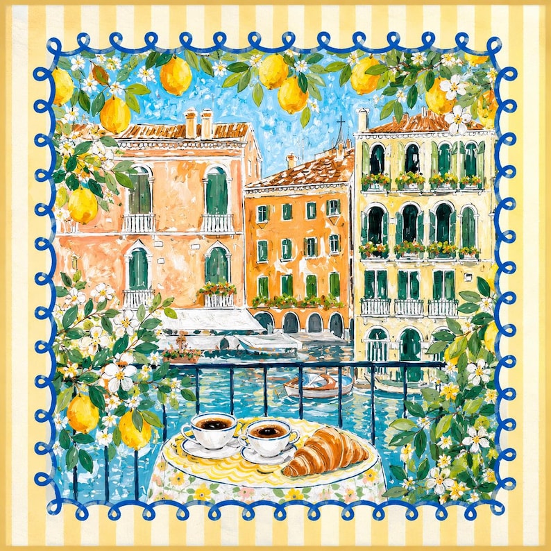 May include: A watercolour painting shows a Venetian canal scene with vibrant buildings, lemons, and a breakfast table. Two cups of coffee and a croissant are on a table with a floral tablecloth. The painting is framed with a blue and white border.