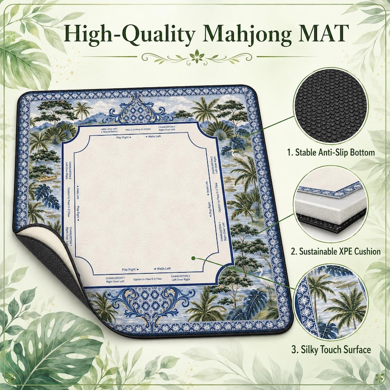 May include: A rectangular Mahjong mat with a tropical landscape design in shades of blue and white. The mat features the text "High-Quality Mahjong MAT" and has a non-slip bottom, a sustainable XPE cushion, and a silky touch surface.