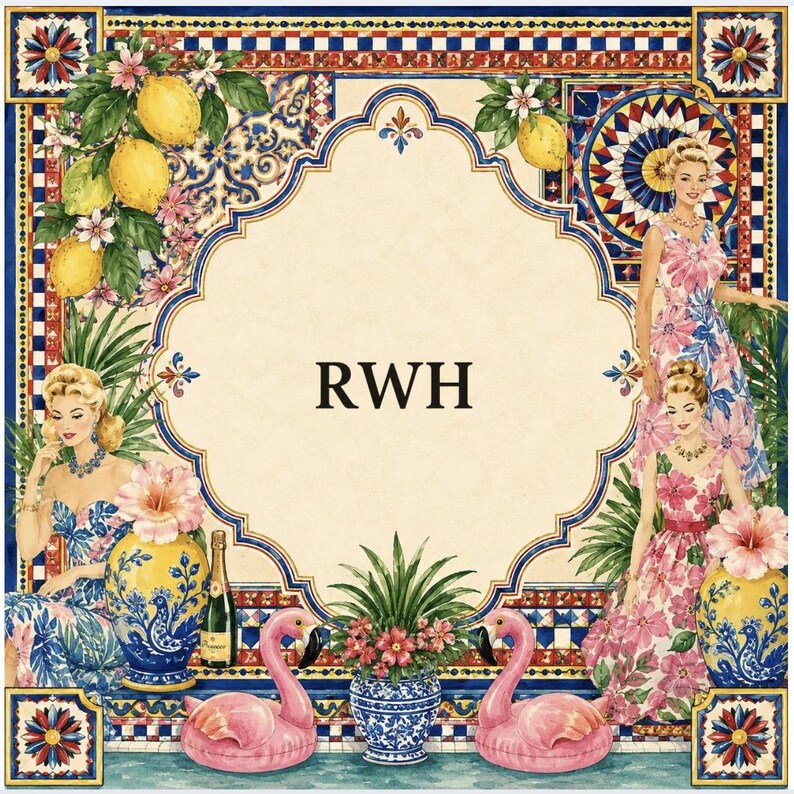 Pode incluir: Imagem quadrada decorativa com tema vintage. Apresenta ilustra&ccedil;&otilde;es de mulheres em vestidos florais, lim&otilde;es, flamingos cor-de-rosa e vasos ornamentados. O texto "RWH" est&aacute; no centro. A borda tem um design de azulejos azuis e brancos.