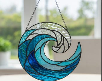 Atrapasueños de vidrieras con diseño de olas del océano – Adorno náutico costero para ventana