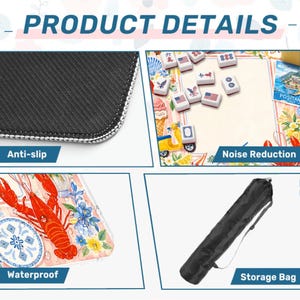May include: An image showcasing product details, including an anti-slip surface, noise reduction, and waterproof features. The image also features a storage bag. The product has a design with lobster and floral elements.