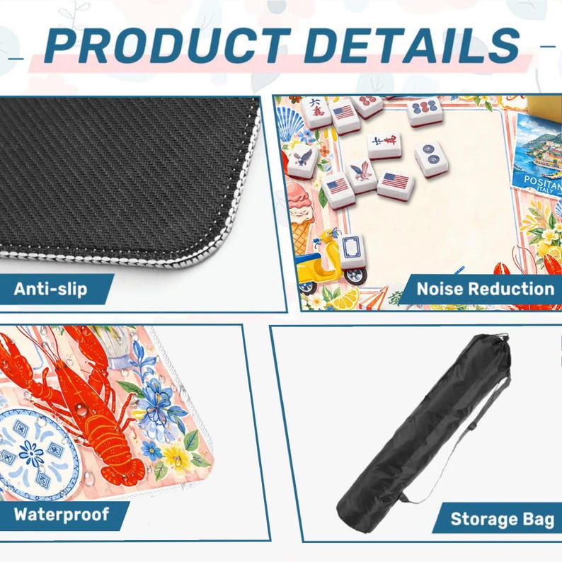 May include: An image showcasing product details, including an anti-slip surface, noise reduction, and waterproof features. The image also features a storage bag. The product has a design with lobster and floral elements.