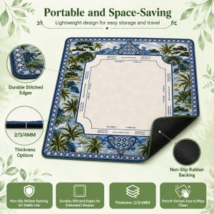 May include: A rectangular game mat with a tropical design featuring palm trees and a blue border. The mat has durable stitched edges and a non-slip rubber backing. The text "Portable and Space-Saving" is at the top.