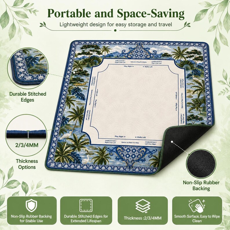 May include: A rectangular game mat with a tropical design featuring palm trees and a blue border. The mat has durable stitched edges and a non-slip rubber backing. The text "Portable and Space-Saving" is at the top.