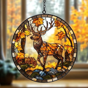 Majestic Deer Acrylic Suncatcher Window Hanging - Faux Stained Glass Autumn Forest Decor For Nature Lovers, Cabin Gifts & Fall Home Accent