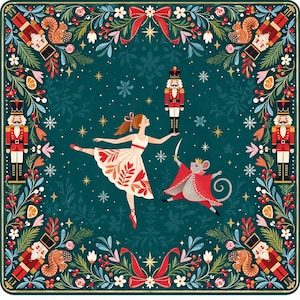 May include: A square decorative print featuring a dark green background with a border of nutcrackers, squirrels, and floral elements. In the centre, a dancer in a white dress holds a nutcracker, while a mouse king with a sword stands nearby.