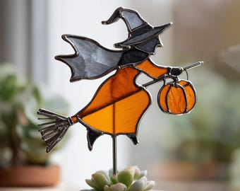Flying Witch With Pumpkin Stained Glass Garden Stake - Halloween Spooky Decor Gift For Gothic And Witchy Homes