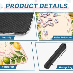 May include: Product details image showing a black anti-slip mat, a mahjong game with tiles, a waterproof mat with lemon and lime design, and a black storage bag. The image includes the text "Product Details", "Anti-slip", "Noise Reduction", "Waterproof", and "Storage Bag".