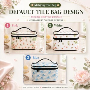 May include: Three rectangular Mahjong tile bags with top handles and black zippers. The pink and white bags feature cherry blossom and bamboo patterns with Mahjong tiles. The blue bag displays a stylized wave pattern. Text reads Mahjong Tile Bag.