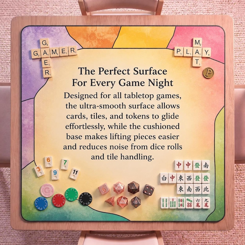 May include: A wooden-framed game board with a colorful surface, featuring the text "The Perfect Surface For Every Game Night." Includes game pieces like dice, tiles, and tokens. The board is designed for tabletop games.