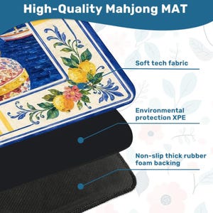 Puede incluir: Una alfombrilla de Mahjong de alta calidad con un borde decorativo con limones y flores. La alfombrilla tiene una superficie de tejido t&eacute;cnico suave, protecci&oacute;n ambiental XPE y un respaldo de espuma de goma gruesa antideslizante. El texto "High-Quality Mahjong MAT" est&aacute; en la parte superior.