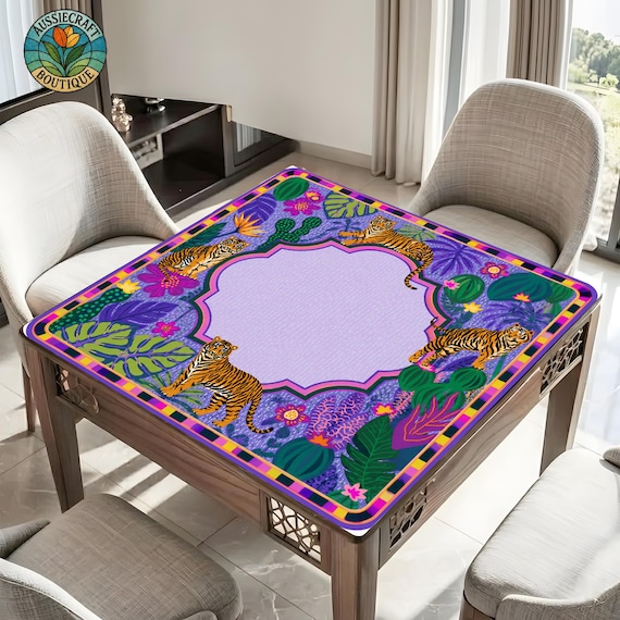 Tiger Jungle Mahjong Mat, Tropical Botanical Game Table Mat, Safari Wild Cat Decor