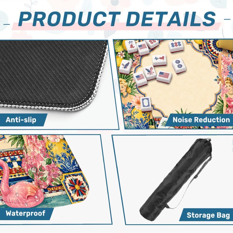 Pode incluir: Uma imagem de detalhes do produto mostrando um tapete antiderrapante preto, um jogo de mahjong com pe&ccedil;as, um flamingo rosa e uma bolsa de armazenamento preta. A imagem tamb&eacute;m mostra as palavras "Anti-slip", "Noise Reduction", "Waterproof" e "Storage Bag".