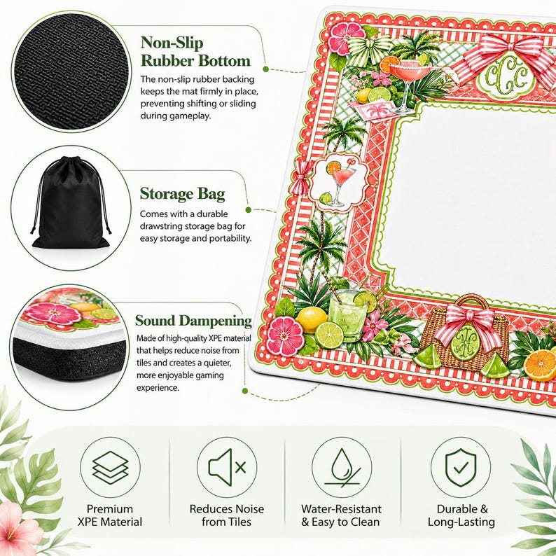 Op de afbeelding: Decoratieve gamingmat met een tropisch ontwerp met cocktails, fruit en palmbomen. De mat heeft een antislip rubberen onderkant, een opbergtas en geluiddempende eigenschappen. Het is waterbestendig en duurzaam.