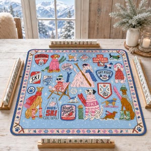 Dog Skiing Mahjong Play Mat, Winter Animal Theme Game Runner, Custom Mahjong Enthusiast Gift