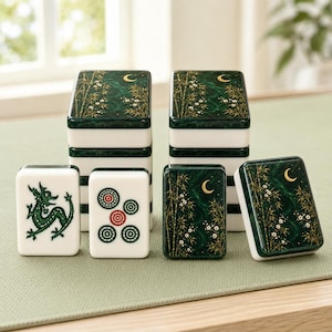 Può includere: Un set di tessere da mahjong con due pile di tessere verde scuro decorate con motivi dorati di bambù e mezzaluna. Due tessere singole sono posizionate davanti, una raffigurante un drago verde e l'altra con cinque motivi circolari.
