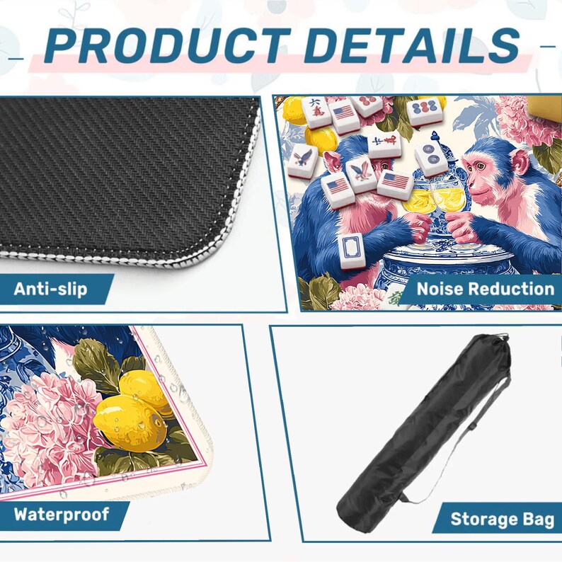 Pu&ograve; includere: Immagine dei dettagli del prodotto. Le caratteristiche includono una superficie antiscivolo, riduzione del rumore, design impermeabile e una borsa portaoggetti. L'immagine mostra un primo piano delle caratteristiche del prodotto, inclusa un'illustrazione dettagliata di scimmie e tessere di mahjong.