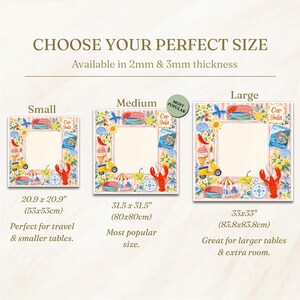 May include: Image showing three square decorative placemats with a colorful Italian Riviera design. The sizes are small (20.9 x 20.9 inches), medium (31.5 x 31.5 inches), and large (33 x 33 inches). Each mat features a lobster, ice cream, and scooter.