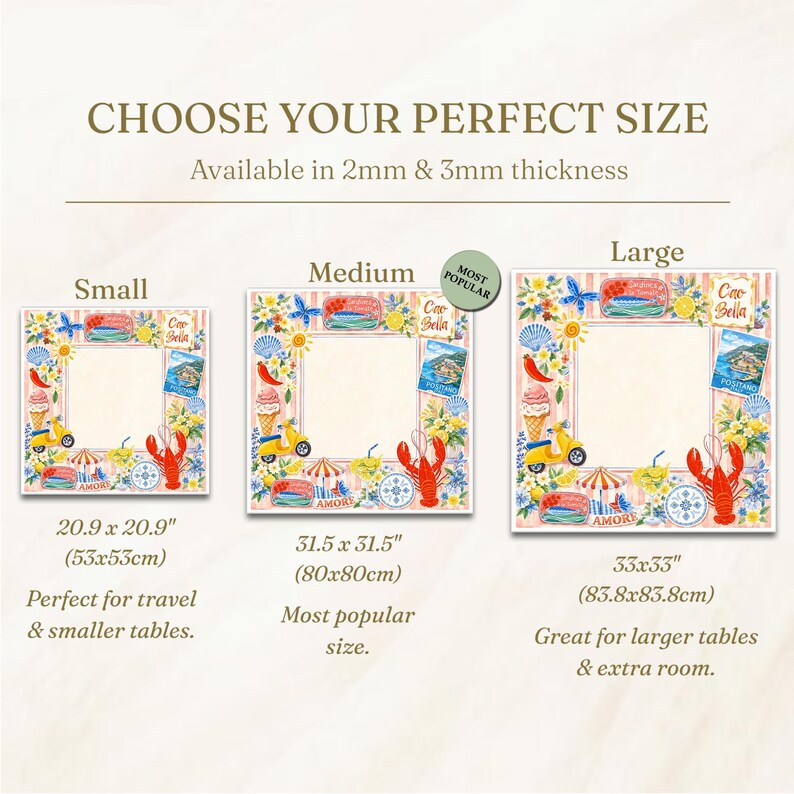 May include: Image showing three square decorative placemats with a colorful Italian Riviera design. The sizes are small (20.9 x 20.9 inches), medium (31.5 x 31.5 inches), and large (33 x 33 inches). Each mat features a lobster, ice cream, and scooter.