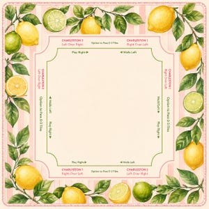 May include: A square, decorative game board with a pink and white striped border. The board features watercolor illustrations of lemons and limes with green leaves. Text includes "Charleston 1" and "Charleston 2" with directional instructions.