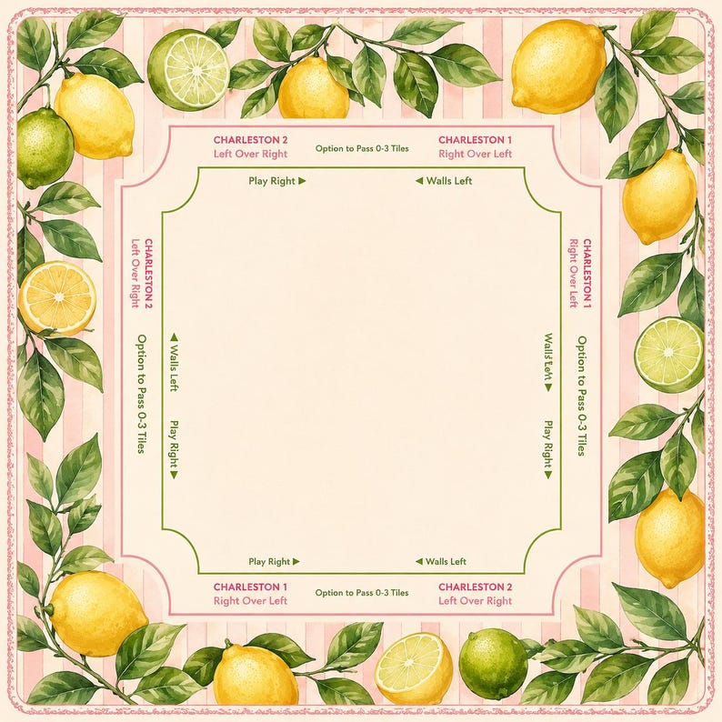 May include: A square, decorative game board with a pink and white striped border. The board features watercolor illustrations of lemons and limes with green leaves. Text includes "Charleston 1" and "Charleston 2" with directional instructions.
