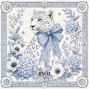 May include: A square decorative print featuring a white leopard with blue spots, wearing a large blue floral bow around its neck. The leopard is surrounded by blue and white flowers, including hydrangeas and anemones, with the letters RWH at the bottom.