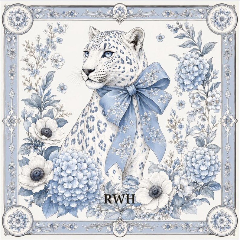 May include: A square decorative print featuring a white leopard with blue spots, wearing a large blue floral bow around its neck. The leopard is surrounded by blue and white flowers, including hydrangeas and anemones, with the letters RWH at the bottom.