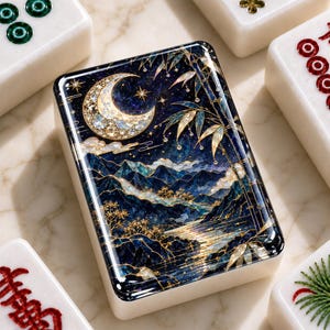 Può includere: Una tessera rettangolare da mahjong con un'illustrazione dettagliata di un paesaggio notturno con luna crescente, stelle, montagne e steli di bambù. L'opera utilizza toni blu intenso, oro e sfumature iridescenti.