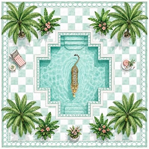 Könnte beinhalten: Eine quadratische Illustration mit einer Draufsicht auf einen Swimmingpool, in dessen Mitte ein Leopard schwimmt. Der Pool ist von einer hellgrün-weiß karierten Terrasse, Topfpalmen, blühenden Pflanzen und einem Liegestuhl umgeben.