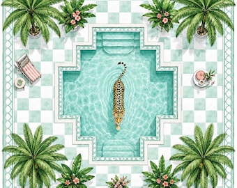 May include: A square illustration featuring a top-down view of a swimming pool with a leopard swimming in the center. The pool is surrounded by a light green and white checkered patio, potted palm trees, flowering plants, and a lounge chair.