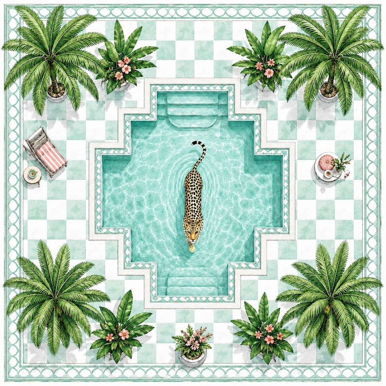 May include: A square illustration featuring a top-down view of a swimming pool with a leopard swimming in the center. The pool is surrounded by a light green and white checkered patio, potted palm trees, flowering plants, and a lounge chair.