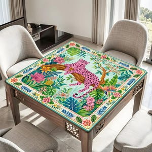 Pink Leopard Mahjong Mat, Tropical Jungle Floral Game Table Cover