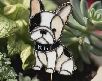 Custom French Bulldog Stained Glass Plant Stake - Personalized Dog Garden Marker - Pet Memorial Gift - Dog Lover Garden Decoration