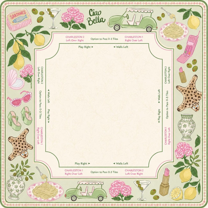 Pu&ograve; includere: Un tabellone di gioco quadrato decorativo con un bordo verde chiaro con illustrazioni di cibo, accessori e un'auto d'epoca. Il testo "Ciao Bella" &egrave; in alto. Il tabellone include testo per il gioco.