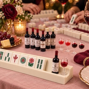 May include: A cream-colored plastic mahjong tile rack featuring a built-in slot for a miniature wine bottle and a matching wine glass. The rack holds six white mahjong tiles with green and red symbols, including a flower and Chinese characters.