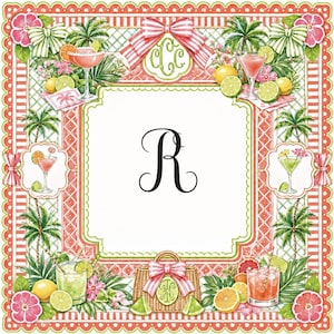 Op de afbeelding: Vierkante decoratieve papieren servet met een tropisch thema. De rand is koraal en wit gestreept met een geschulpte rand. Het ontwerp bevat cocktails, fruit, palmbomen en strikken. Het midden heeft een witte ruimte met de zwarte letter "R".