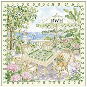May include: Watercolor illustration of a patio scene with a mahjong table, wicker chairs, and a small dog. A lemon tree, flowers, and an umbrella with "RWH" are also featured. The background shows a coastal view.