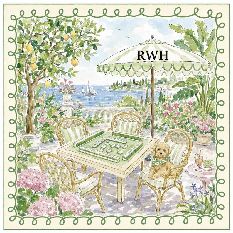 May include: Watercolor illustration of a patio scene with a mahjong table, wicker chairs, and a small dog. A lemon tree, flowers, and an umbrella with "RWH" are also featured. The background shows a coastal view.
